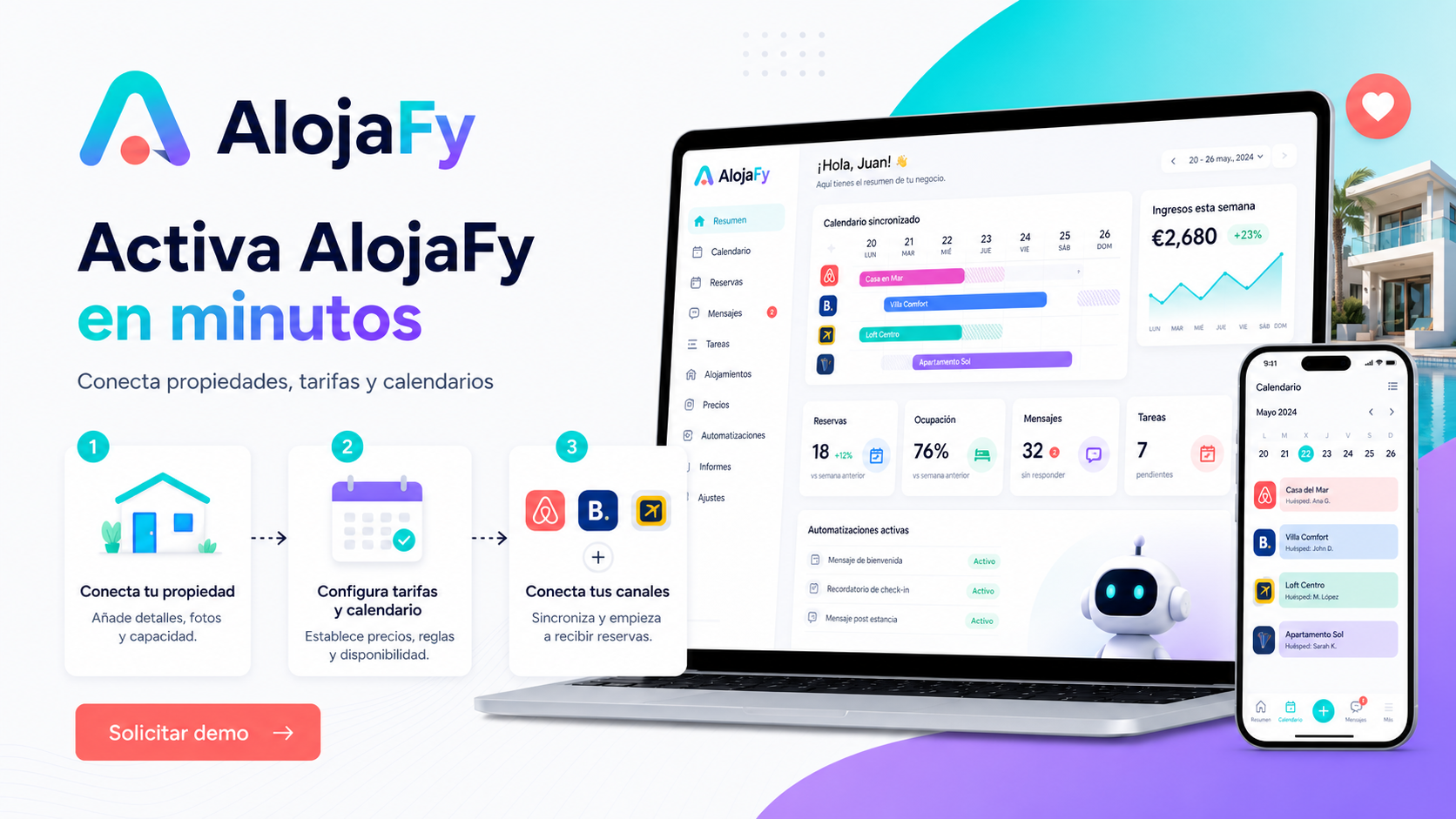 Vista real de AlojaFy con calendario, m茅tricas y aplicaci贸n m贸vil